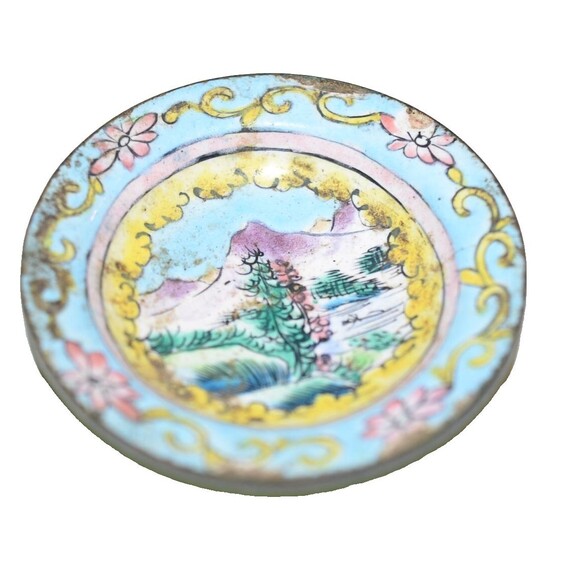 Vtg Chinese Enamel miniature Dish Flaws 2" Hand painted crazing - Picture 1 of 3